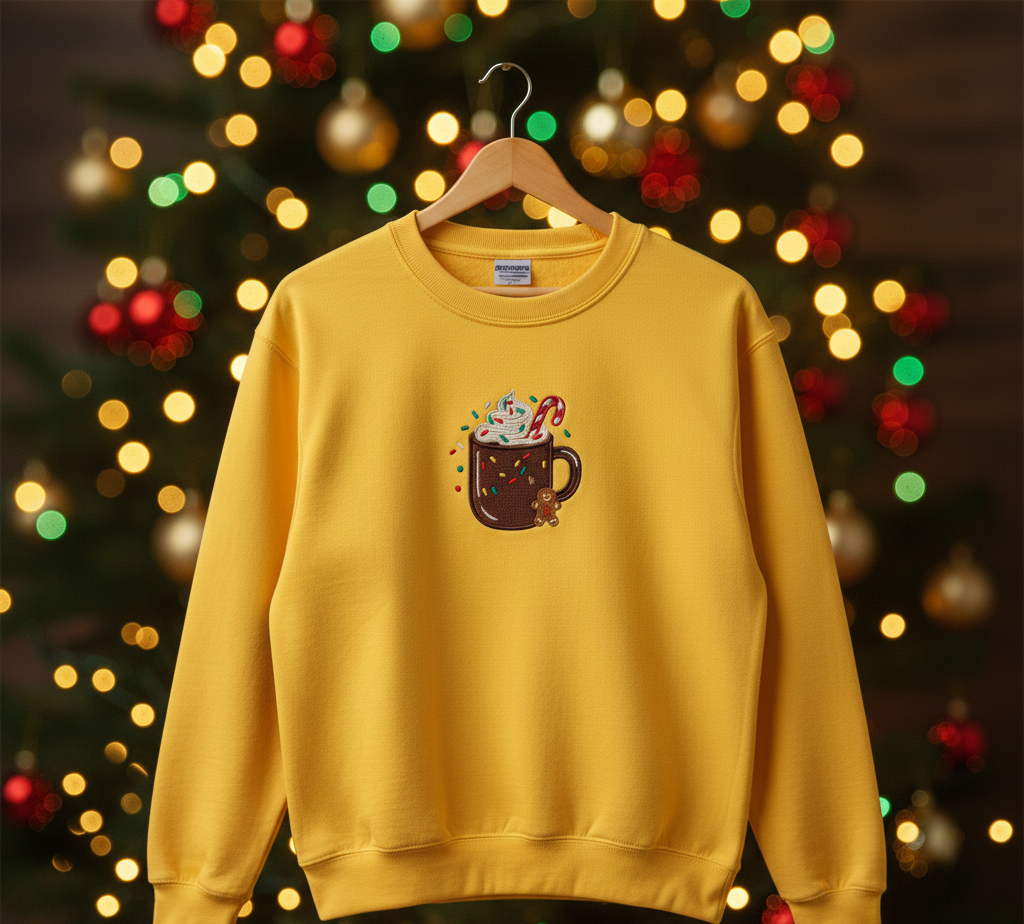 Christmas Themed Sweatshirt, Cold Coffee celebrations- Hand Embroidered by Rakhi