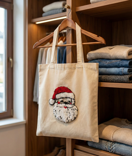 Hand Embroidered Santa Tote Bag