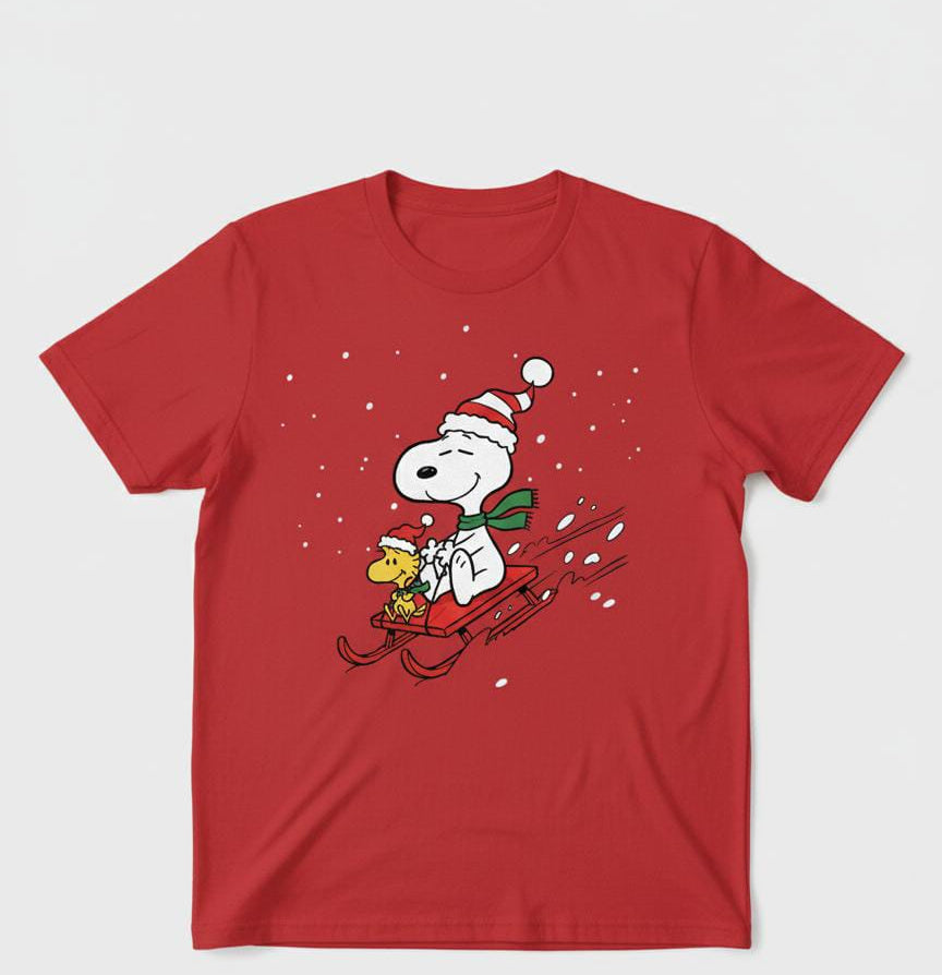 Christmas themed T-shirt Snoopy on a sledge car-Hand embroiderd by Rakhi