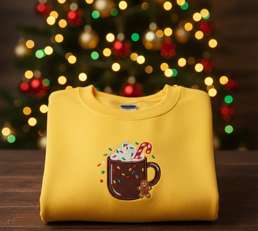 Christmas Themed Sweatshirt, Cold Coffee celebrations- Hand Embroidered by Rakhi
