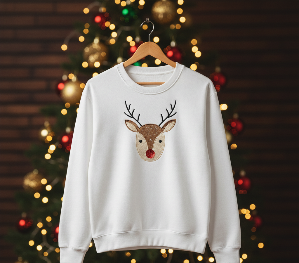 Christmas Themed Sweatshirt, Deer Friends- Hand Embroidered by Rakhi