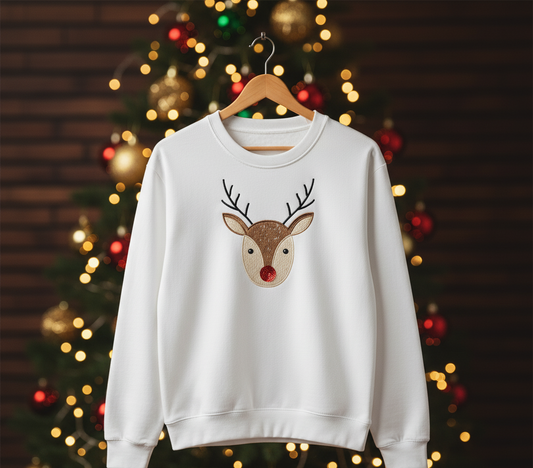 Christmas Themed Sweatshirt, Deer Friends- Hand Embroidered by Rakhi