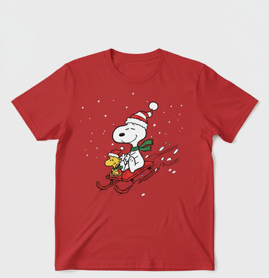 Christmas themed T-shirt Snoopy on a sledge car-Hand embroiderd by Rakhi